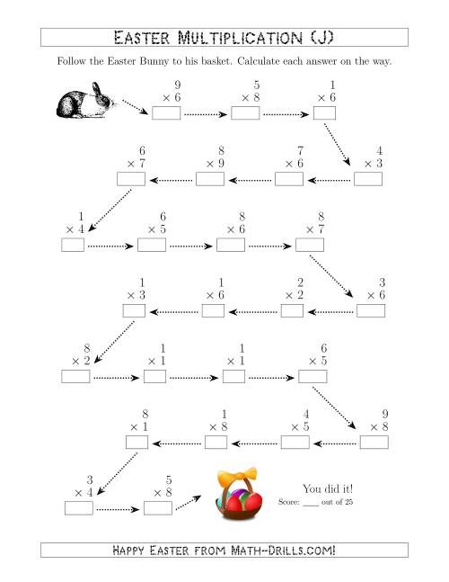 The Follow the Easter Bunny Multiplication Facts with Products to 81 (J) Math Worksheet