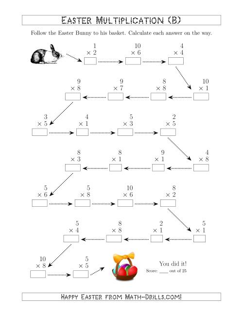 The Follow the Easter Bunny Multiplication Facts with Products to 100 (B) Math Worksheet