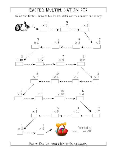 The Follow the Easter Bunny Multiplication Facts with Products to 100 (C) Math Worksheet