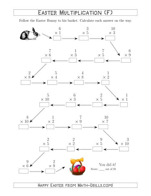 The Follow the Easter Bunny Multiplication Facts with Products to 100 (F) Math Worksheet