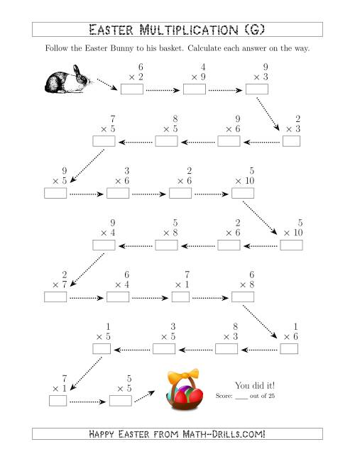 The Follow the Easter Bunny Multiplication Facts with Products to 100 (G) Math Worksheet