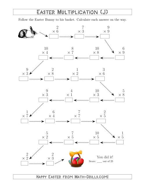 The Follow the Easter Bunny Multiplication Facts with Products to 100 (J) Math Worksheet