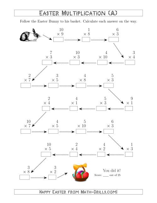 The Follow the Easter Bunny Multiplication Facts with Products to 100 (All) Math Worksheet