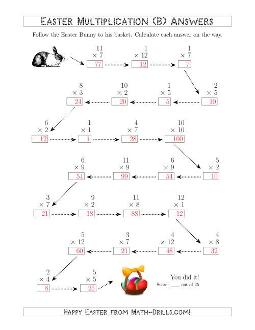 The Follow the Easter Bunny Multiplication Facts with Products to 144 (B) Math Worksheet Page 2