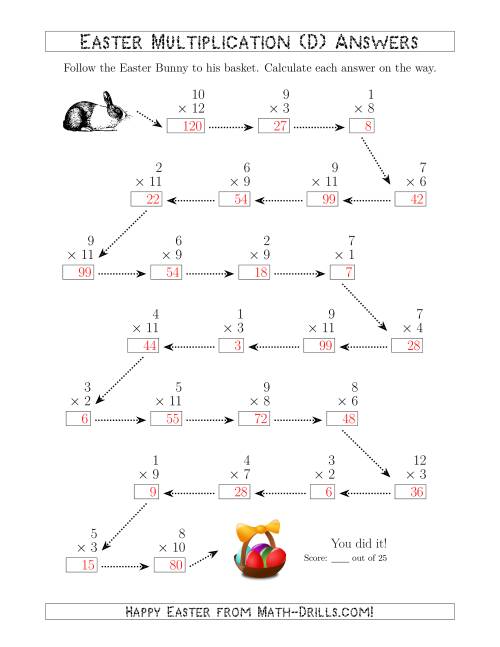 The Follow the Easter Bunny Multiplication Facts with Products to 144 (D) Math Worksheet Page 2