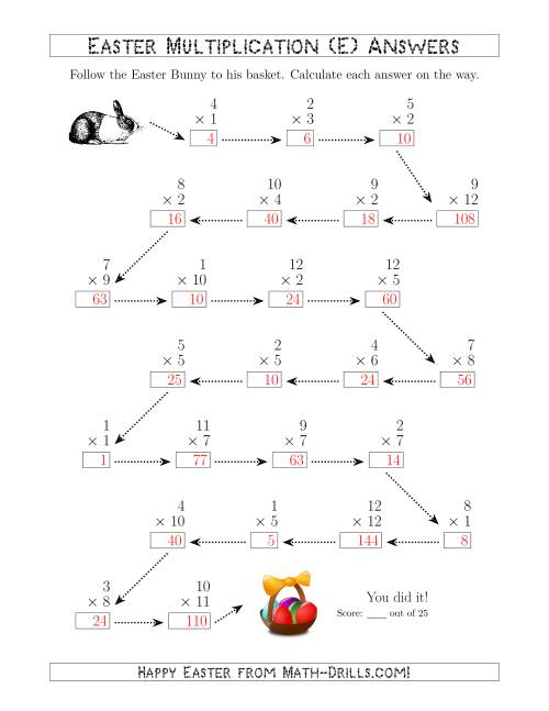 The Follow the Easter Bunny Multiplication Facts with Products to 144 (E) Math Worksheet Page 2