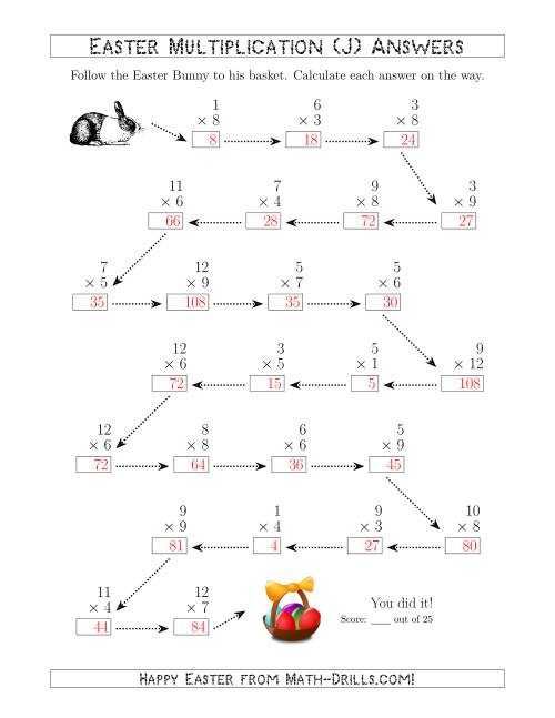 The Follow the Easter Bunny Multiplication Facts with Products to 144 (J) Math Worksheet Page 2