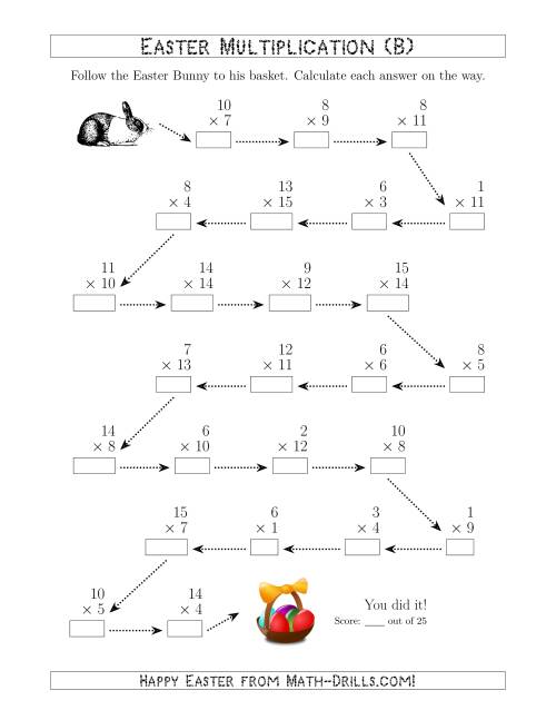 The Follow the Easter Bunny Multiplication Facts with Products to 225 (B) Math Worksheet