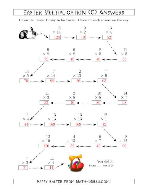 The Follow the Easter Bunny Multiplication Facts with Products to 225 (C) Math Worksheet Page 2