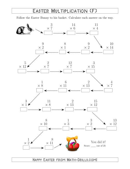 The Follow the Easter Bunny Multiplication Facts with Products to 225 (F) Math Worksheet