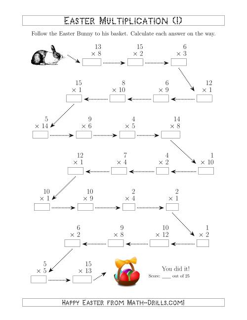 The Follow the Easter Bunny Multiplication Facts with Products to 225 (I) Math Worksheet