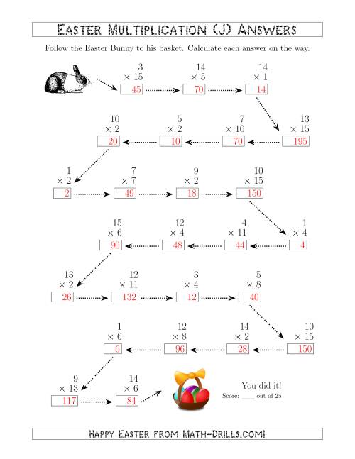 The Follow the Easter Bunny Multiplication Facts with Products to 225 (J) Math Worksheet Page 2