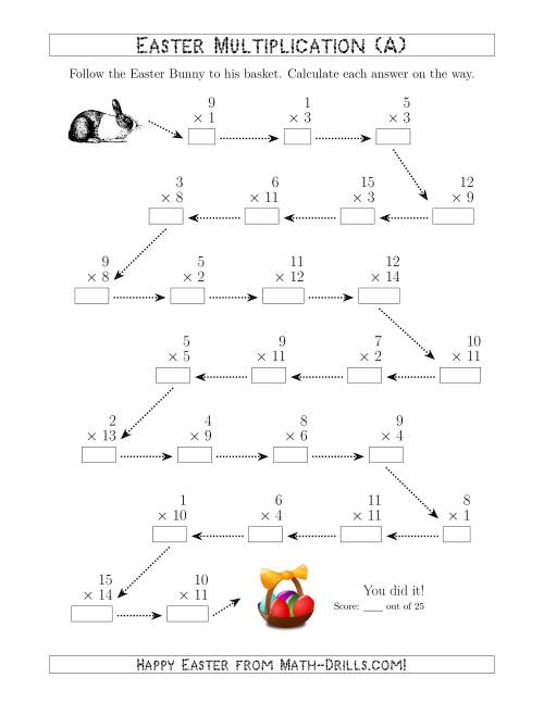 The Follow the Easter Bunny Multiplication Facts with Products to 225 (All) Math Worksheet