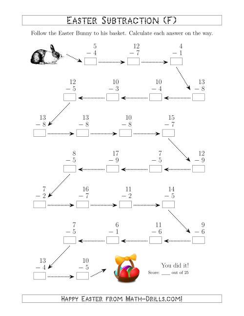 The Follow the Easter Bunny Subtraction with Minuends to 18 (F) Math Worksheet