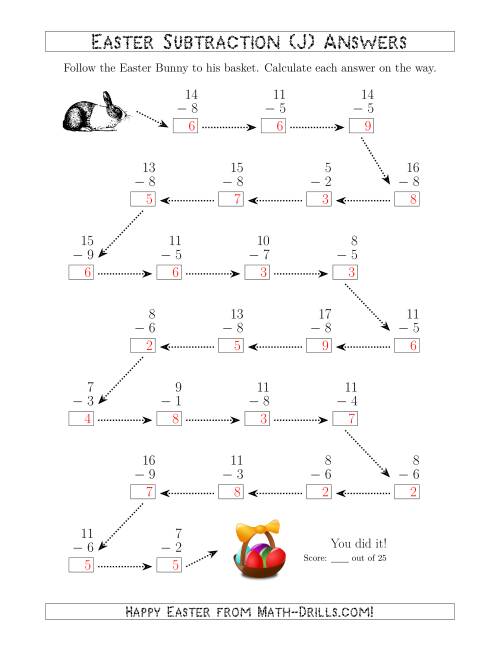 The Follow the Easter Bunny Subtraction with Minuends to 18 (J) Math Worksheet Page 2
