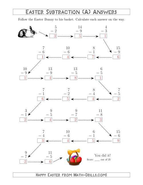 The Follow the Easter Bunny Subtraction with Minuends to 18 (All) Math Worksheet Page 2