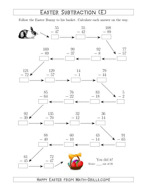 The Follow the Easter Bunny Subtraction with Minuends to 198 (E) Math Worksheet