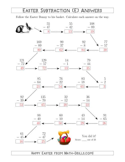 The Follow the Easter Bunny Subtraction with Minuends to 198 (E) Math Worksheet Page 2