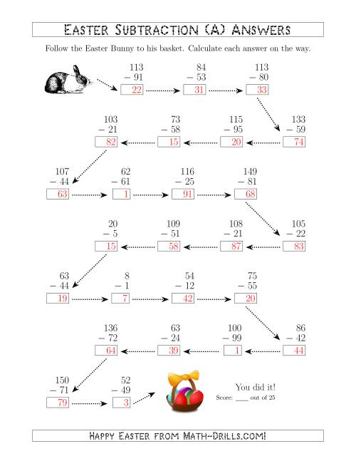 The Follow the Easter Bunny Subtraction with Minuends to 198 (All) Math Worksheet Page 2