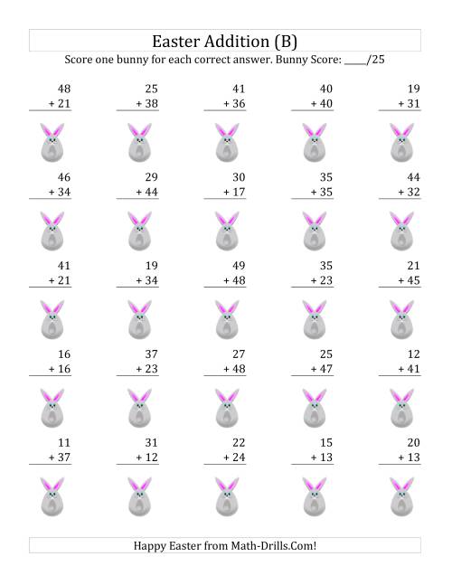 The Easter Addition with Easter Icon Scoring (Sums to 98) (B) Math Worksheet