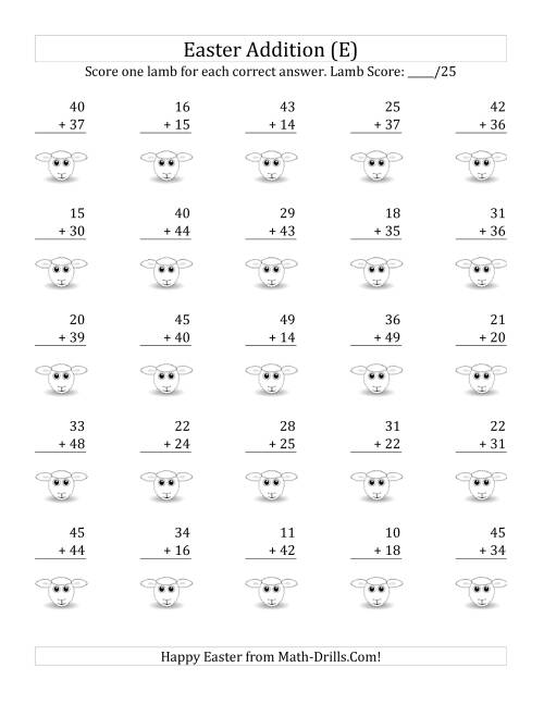 The Easter Addition with Easter Icon Scoring (Sums to 98) (E) Math Worksheet