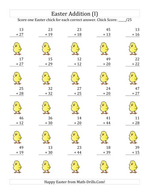 The Easter Addition with Easter Icon Scoring (Sums to 98) (I) Math Worksheet