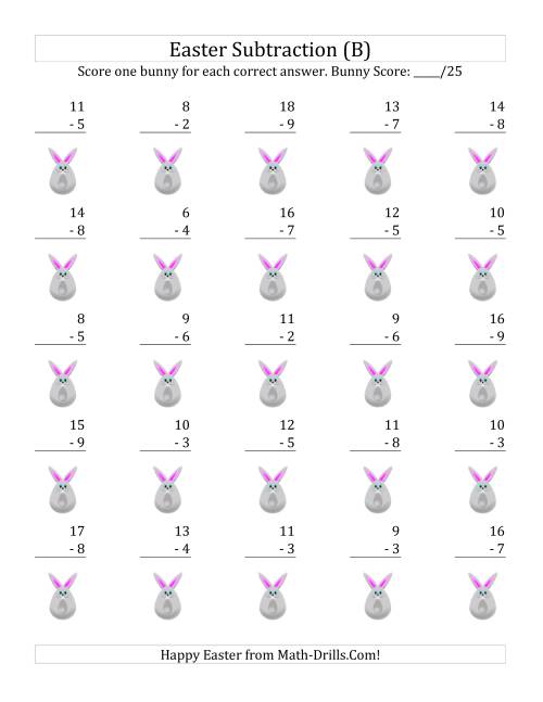 The Easter Subtraction with Easter Icon Scoring (Minuends to 18) (B) Math Worksheet