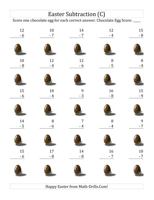 The Easter Subtraction with Easter Icon Scoring (Minuends to 18) (C) Math Worksheet