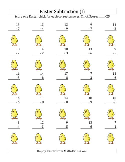 The Easter Subtraction with Easter Icon Scoring (Minuends to 18) (I) Math Worksheet