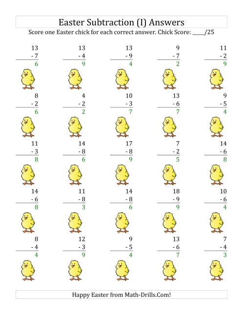 The Easter Subtraction with Easter Icon Scoring (Minuends to 18) (I) Math Worksheet Page 2