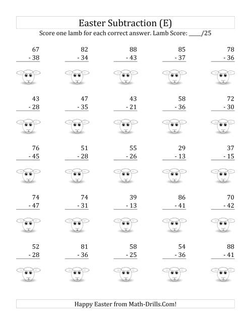 The Easter Subtraction with Easter Icon Scoring (Minuends to 98) (E) Math Worksheet