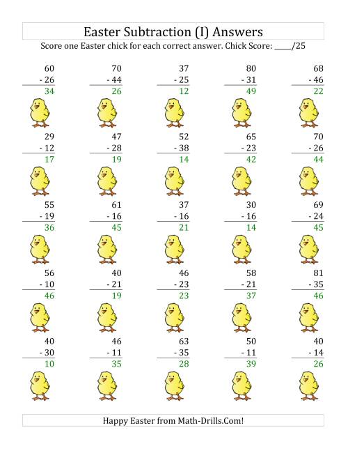The Easter Subtraction with Easter Icon Scoring (Minuends to 98) (I) Math Worksheet Page 2
