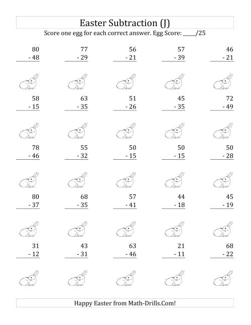 The Easter Subtraction with Easter Icon Scoring (Minuends to 98) (J) Math Worksheet