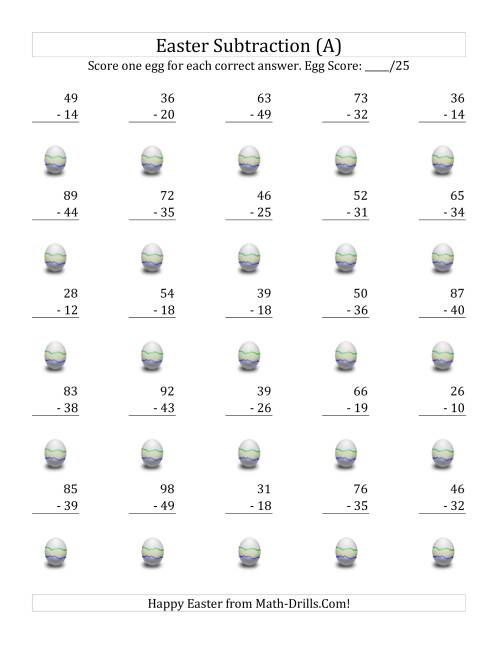 The Easter Subtraction with Easter Icon Scoring (Minuends to 98) (All) Math Worksheet
