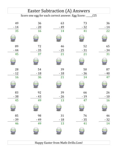 The Easter Subtraction with Easter Icon Scoring (Minuends to 98) (All) Math Worksheet Page 2