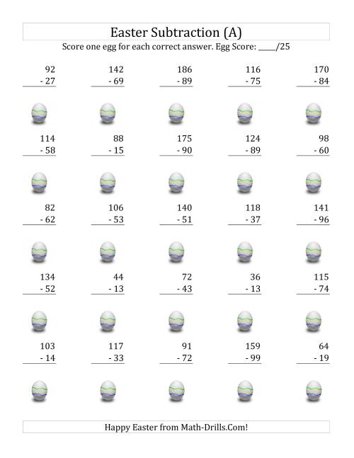 The Easter Subtraction with Easter Icon Scoring (Minuends to 198) (A) Math Worksheet