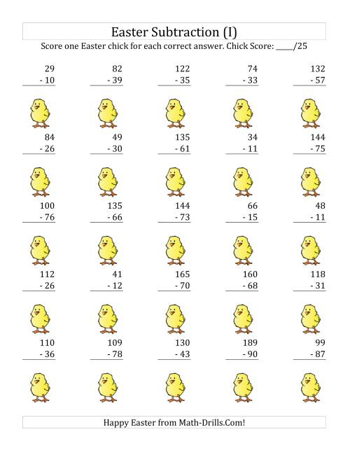 The Easter Subtraction with Easter Icon Scoring (Minuends to 198) (I) Math Worksheet