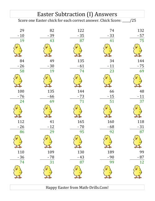 The Easter Subtraction with Easter Icon Scoring (Minuends to 198) (I) Math Worksheet Page 2