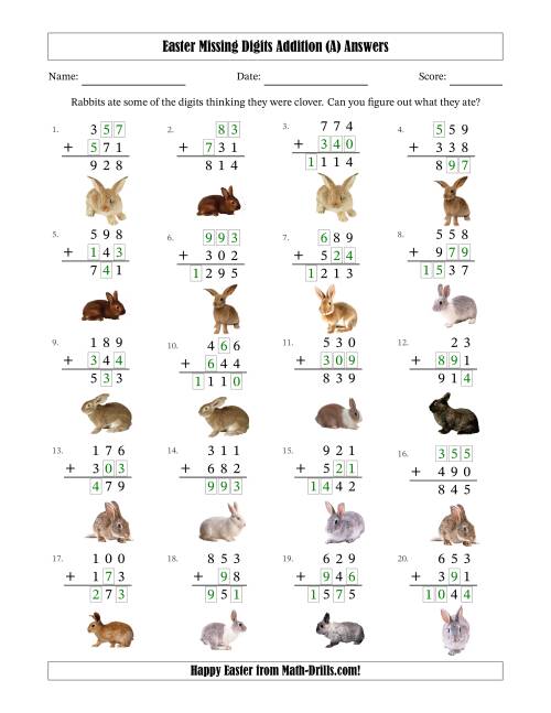 The Easter Missing Digits Addition (Easier Version) (A) Math Worksheet Page 2