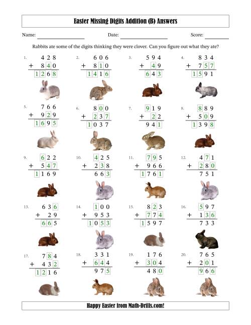 The Easter Missing Digits Addition (Easier Version) (B) Math Worksheet Page 2