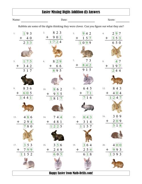 The Easter Missing Digits Addition (Easier Version) (E) Math Worksheet Page 2