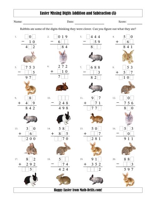 The Easter Missing Digits Addition and Subtraction (Easier Version) (A) Math Worksheet