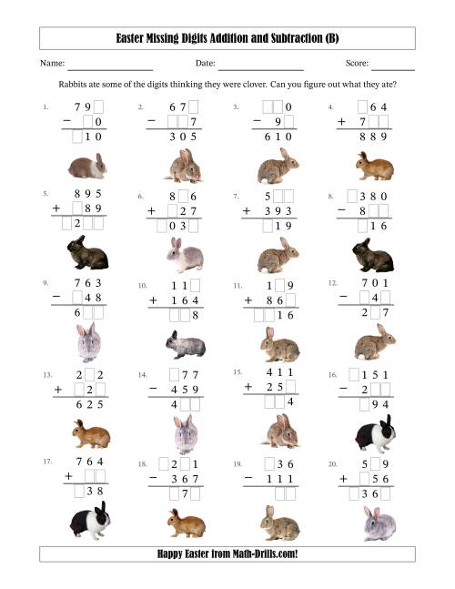 The Easter Missing Digits Addition and Subtraction (Easier Version) (B) Math Worksheet