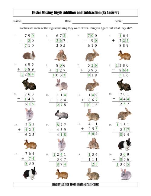 The Easter Missing Digits Addition and Subtraction (Easier Version) (B) Math Worksheet Page 2