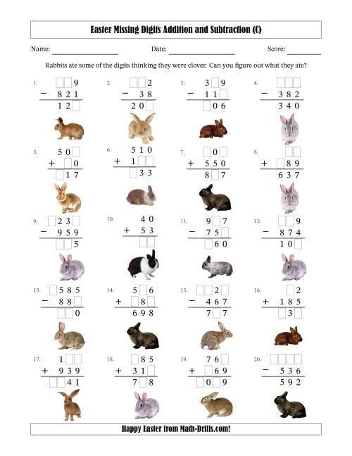 The Easter Missing Digits Addition and Subtraction (Easier Version) (C) Math Worksheet