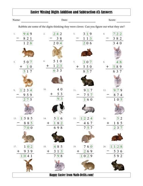 The Easter Missing Digits Addition and Subtraction (Easier Version) (C) Math Worksheet Page 2