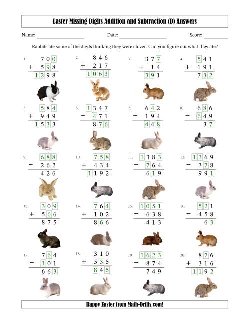 The Easter Missing Digits Addition and Subtraction (Easier Version) (D) Math Worksheet Page 2