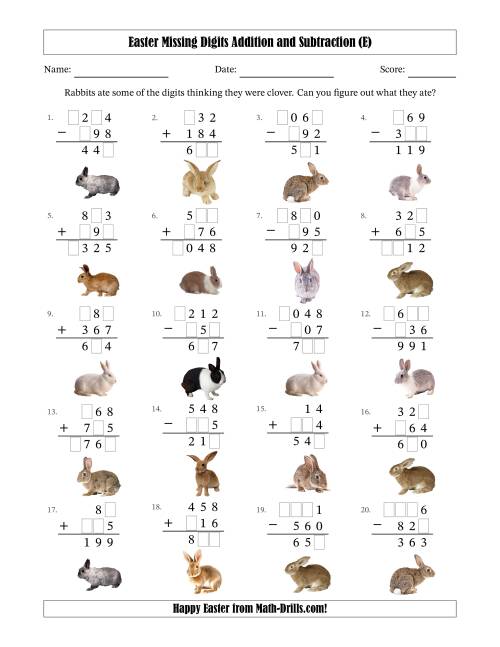 The Easter Missing Digits Addition and Subtraction (Easier Version) (E) Math Worksheet