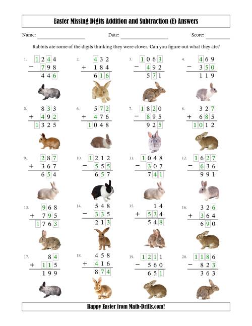 The Easter Missing Digits Addition and Subtraction (Easier Version) (E) Math Worksheet Page 2