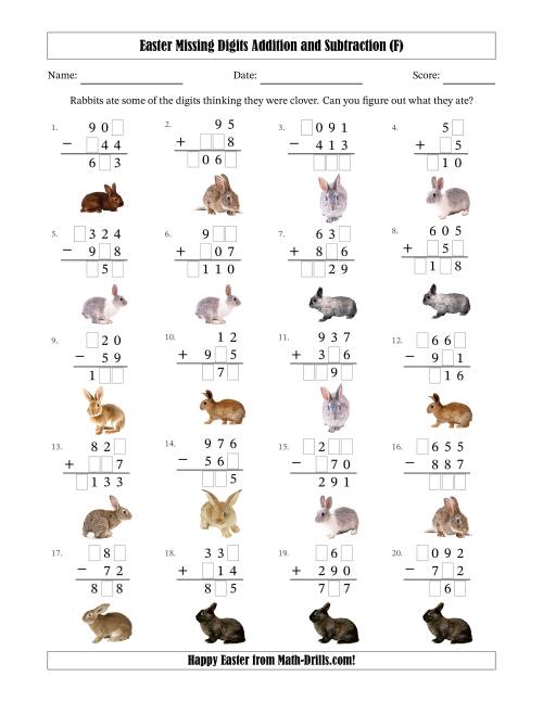 The Easter Missing Digits Addition and Subtraction (Easier Version) (F) Math Worksheet